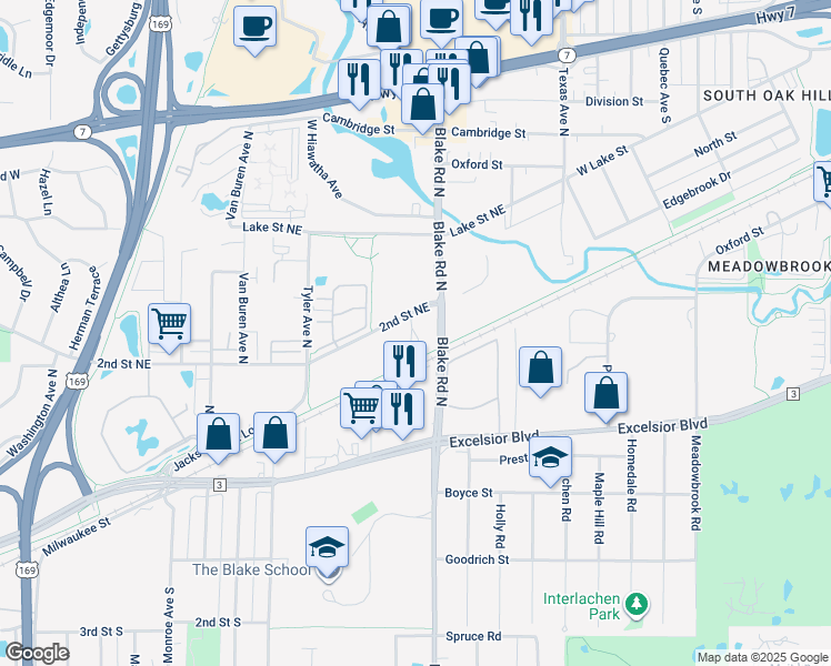 map of restaurants, bars, coffee shops, grocery stores, and more near 152 Blake Road North in Hopkins