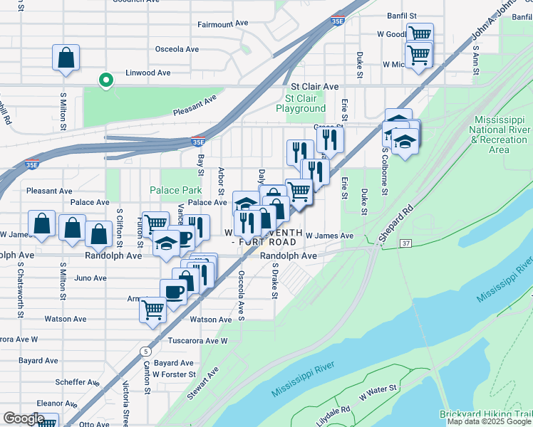 map of restaurants, bars, coffee shops, grocery stores, and more near 420 Daly Street in Saint Paul