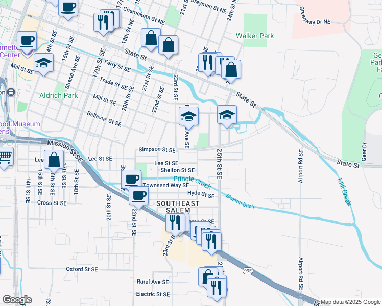 map of restaurants, bars, coffee shops, grocery stores, and more near 2340 Lee Street in Salem