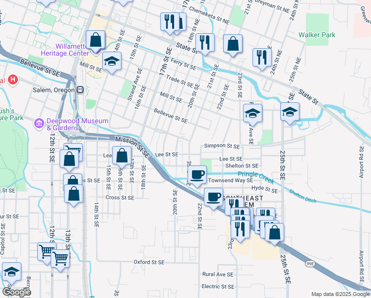 map of restaurants, bars, coffee shops, grocery stores, and more near 860 20th Street Southeast in Salem