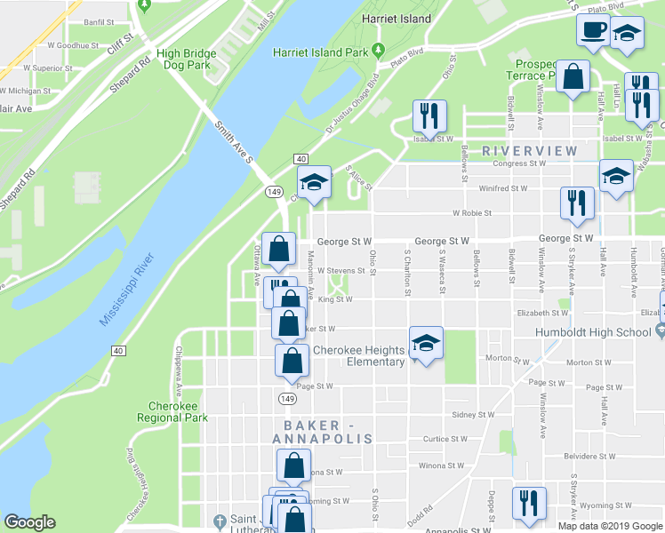 map of restaurants, bars, coffee shops, grocery stores, and more near 313 King Street West in Saint Paul