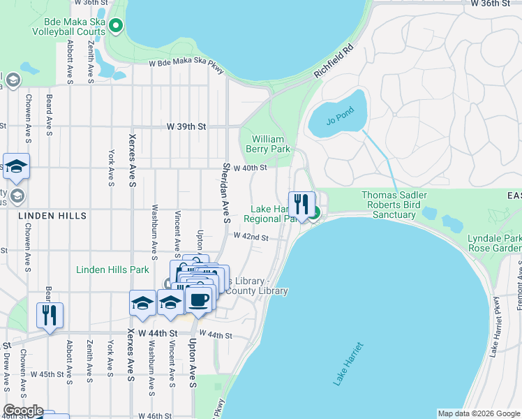 map of restaurants, bars, coffee shops, grocery stores, and more near 4120 Queen Avenue South in Minneapolis