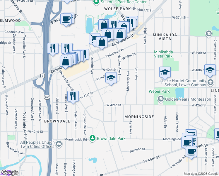 map of restaurants, bars, coffee shops, grocery stores, and more near 4121 Ottawa Avenue South in Minneapolis
