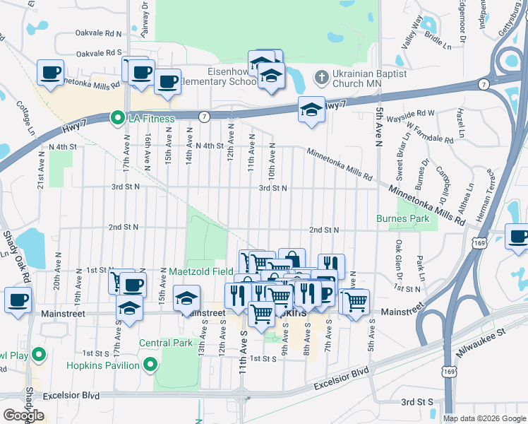 map of restaurants, bars, coffee shops, grocery stores, and more near 202 10th Avenue North in Hopkins