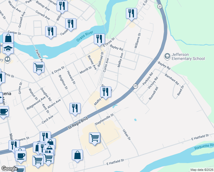 map of restaurants, bars, coffee shops, grocery stores, and more near 11 Malby Ave in Massena