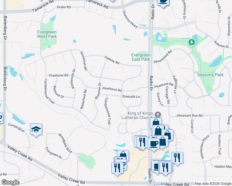 map of restaurants, bars, coffee shops, grocery stores, and more near 8262 Emerald Lane in Woodbury
