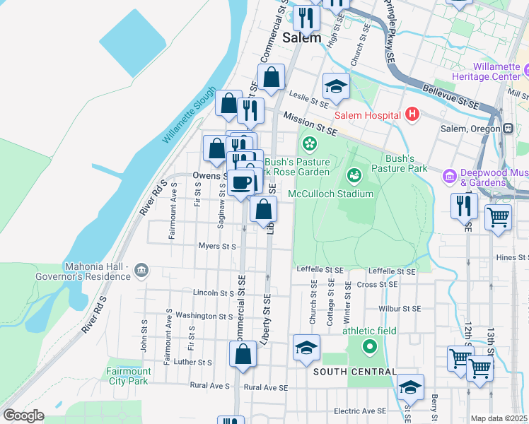 map of restaurants, bars, coffee shops, grocery stores, and more near 1330 Commercial Street Southeast in Salem