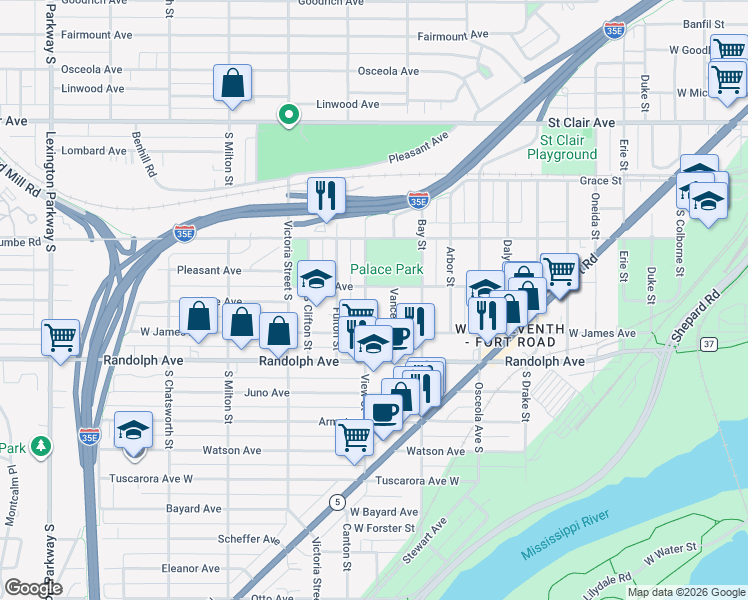map of restaurants, bars, coffee shops, grocery stores, and more near 781 Palace Avenue in Saint Paul
