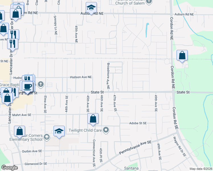 map of restaurants, bars, coffee shops, grocery stores, and more near 164 Broadmore Avenue Northeast in Salem