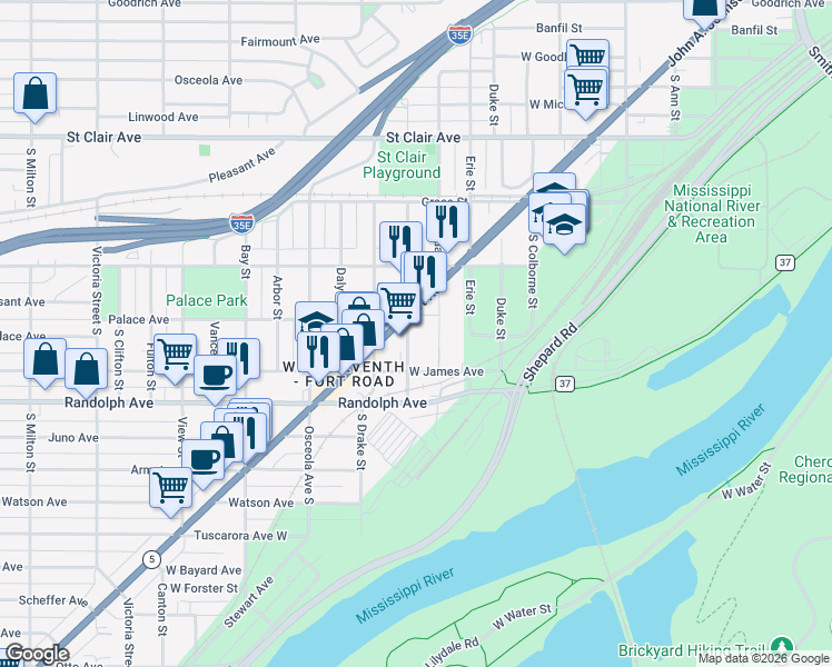 map of restaurants, bars, coffee shops, grocery stores, and more near 882 7th Street West in Saint Paul
