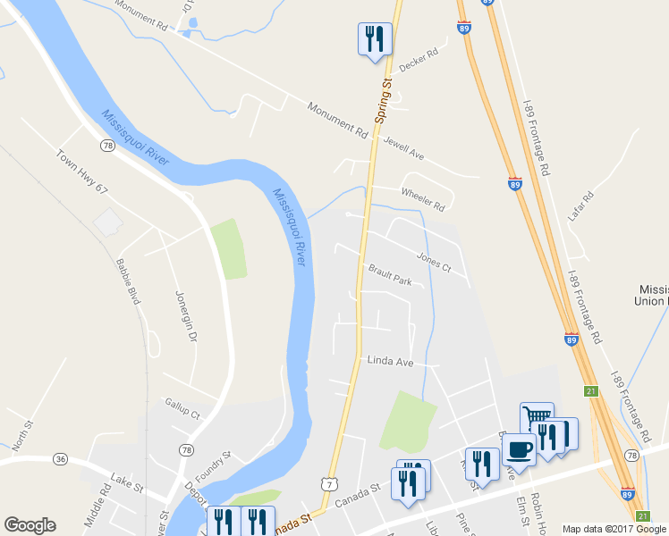 map of restaurants, bars, coffee shops, grocery stores, and more near 79 Spring Street in Swanton