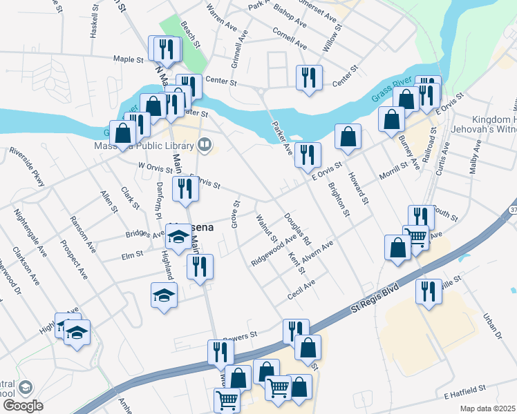 map of restaurants, bars, coffee shops, grocery stores, and more near 165 Water Street in Massena