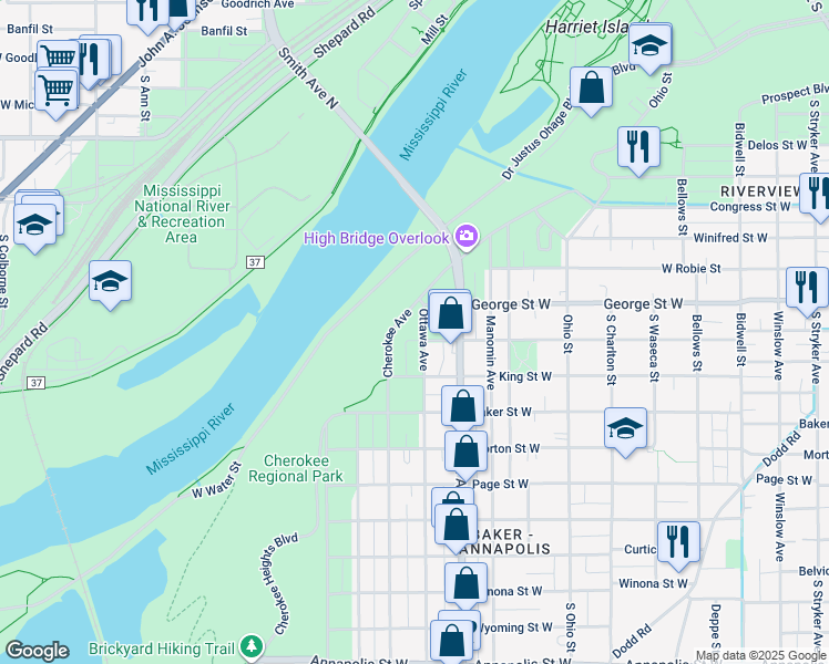 map of restaurants, bars, coffee shops, grocery stores, and more near 426 Cherokee Avenue in Saint Paul