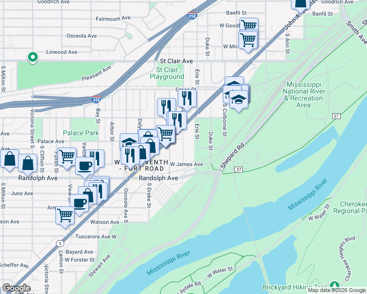 map of restaurants, bars, coffee shops, grocery stores, and more near 876 7th Street West in Saint Paul
