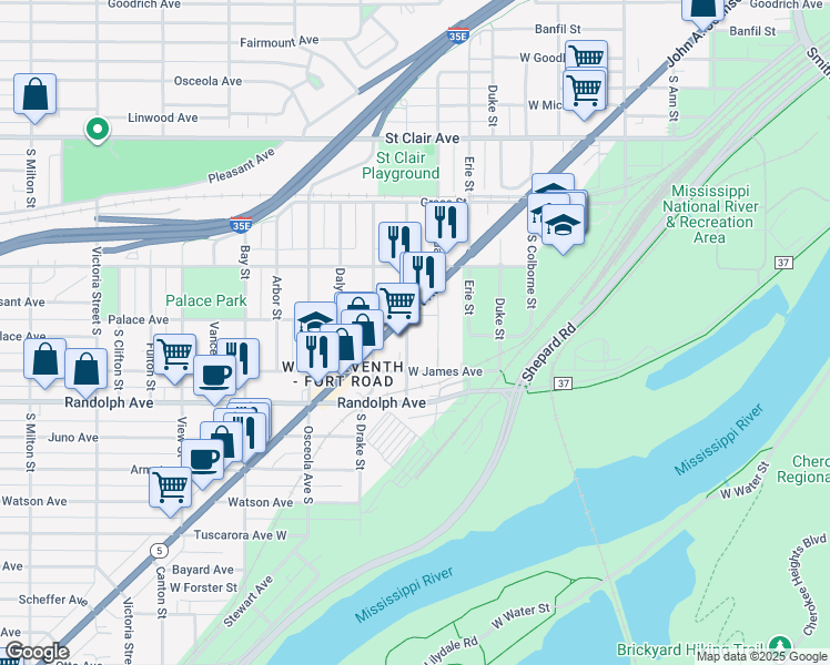 map of restaurants, bars, coffee shops, grocery stores, and more near 882 7th Street West in Saint Paul