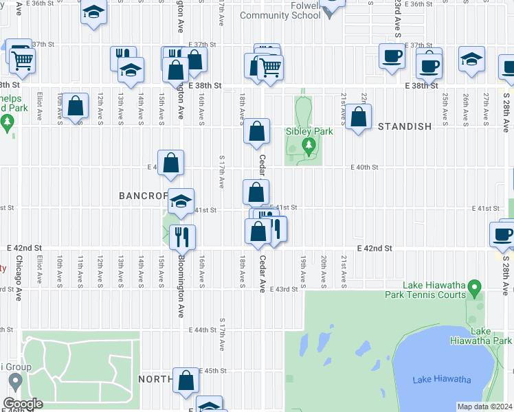 map of restaurants, bars, coffee shops, grocery stores, and more near 4032 Cedar Avenue South in Minneapolis