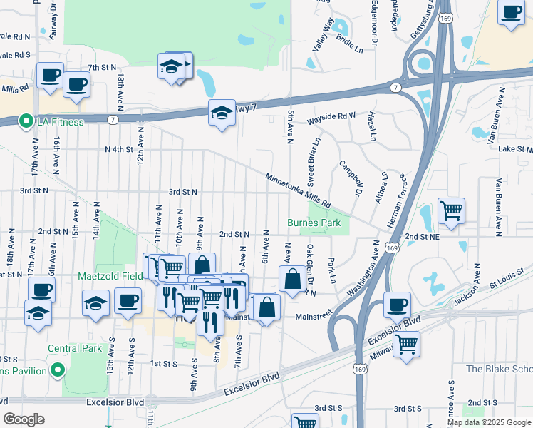 map of restaurants, bars, coffee shops, grocery stores, and more near 242 5th Avenue North in Hopkins