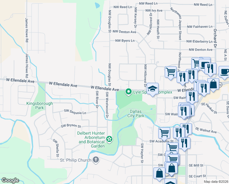 map of restaurants, bars, coffee shops, grocery stores, and more near 150 Northwest Douglas Street in Dallas