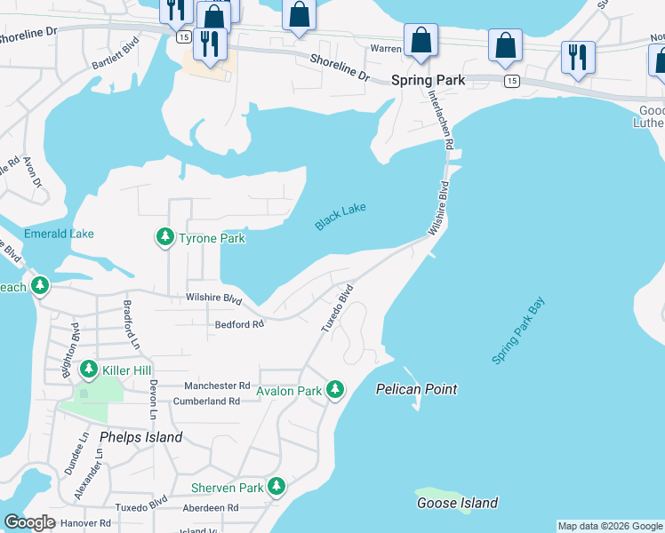 map of restaurants, bars, coffee shops, grocery stores, and more near 4446 Denbigh Road in Mound