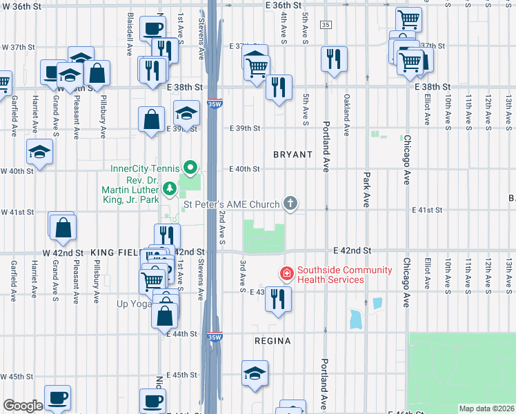 map of restaurants, bars, coffee shops, grocery stores, and more near 4030 Clinton Avenue in Minneapolis