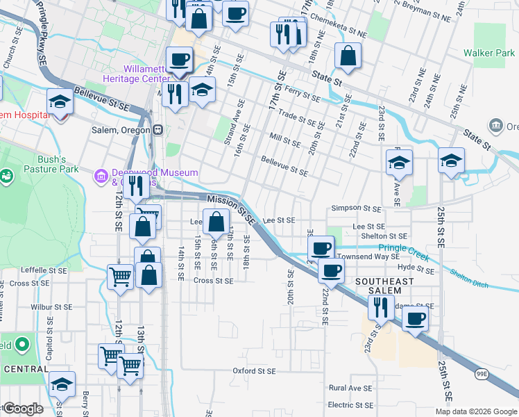 map of restaurants, bars, coffee shops, grocery stores, and more near 752 18th Street Southeast in Salem