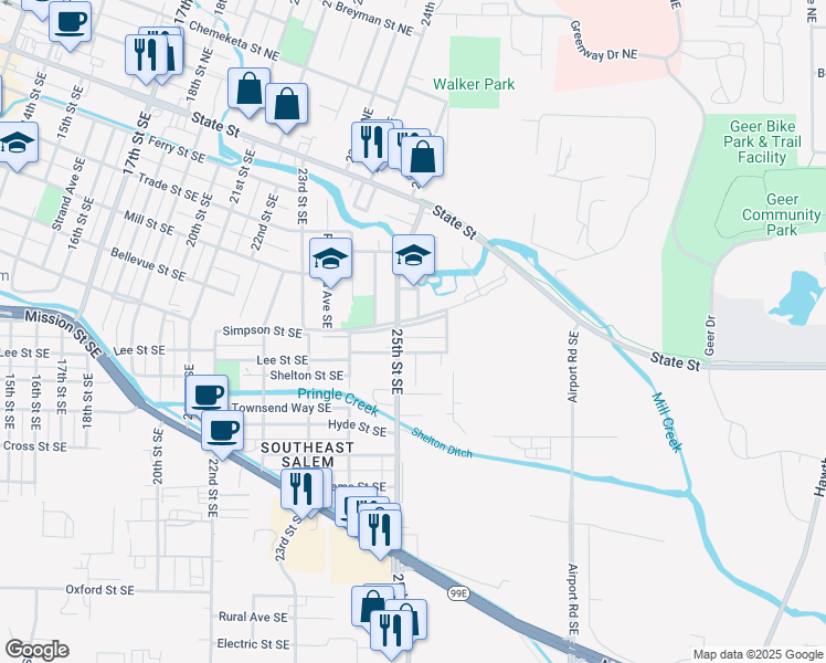 map of restaurants, bars, coffee shops, grocery stores, and more near 2522 Simpson Street Southeast in Salem
