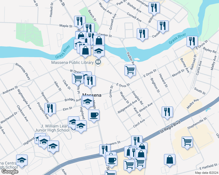 map of restaurants, bars, coffee shops, grocery stores, and more near 68-72 East Orvis Street in Massena