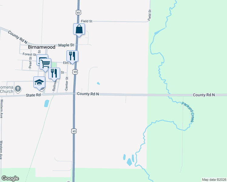 map of restaurants, bars, coffee shops, grocery stores, and more near 188 Cty North Road in Birnamwood