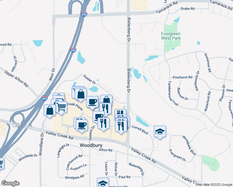 map of restaurants, bars, coffee shops, grocery stores, and more near 7260 Guider Drive in Woodbury