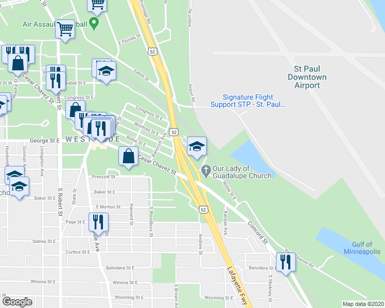 map of restaurants, bars, coffee shops, grocery stores, and more near 369 East Winifred Street in Saint Paul
