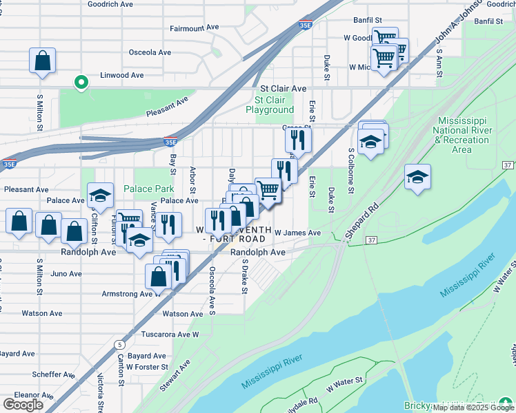 map of restaurants, bars, coffee shops, grocery stores, and more near 397 Toronto Street in Saint Paul