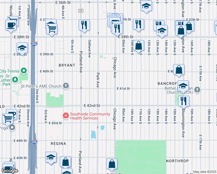 map of restaurants, bars, coffee shops, grocery stores, and more near 4032 Columbus Avenue in Minneapolis