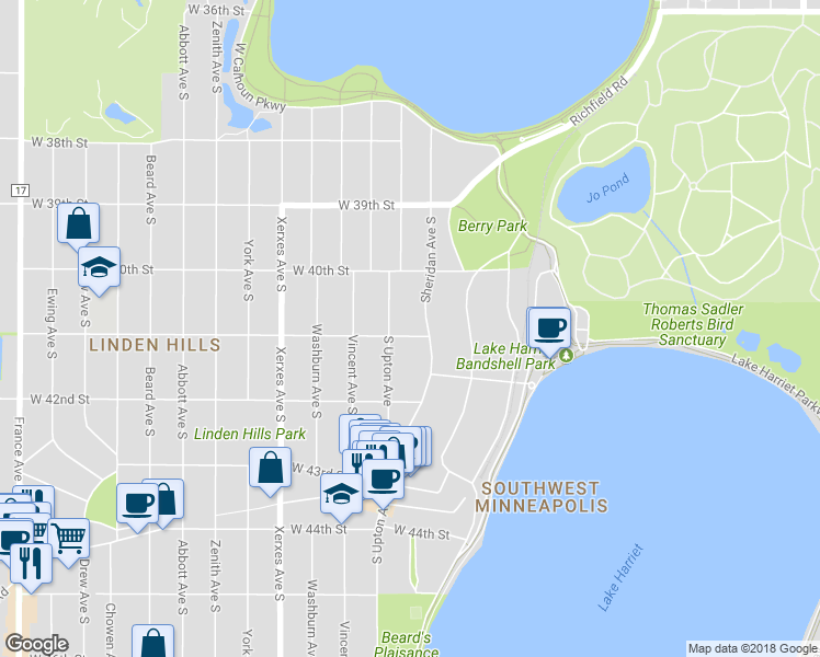 map of restaurants, bars, coffee shops, grocery stores, and more near 4024 Sheridan Avenue South in Minneapolis