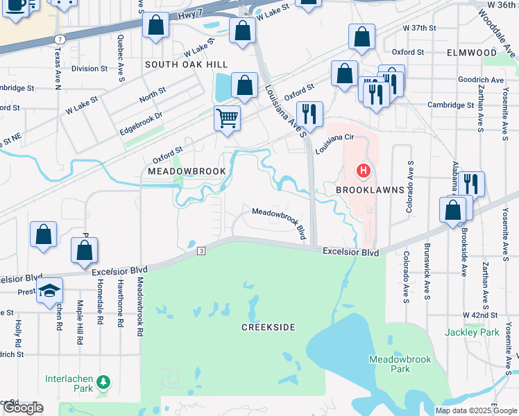 map of restaurants, bars, coffee shops, grocery stores, and more near 4117 Meadowbrook Lane in St. Louis Park