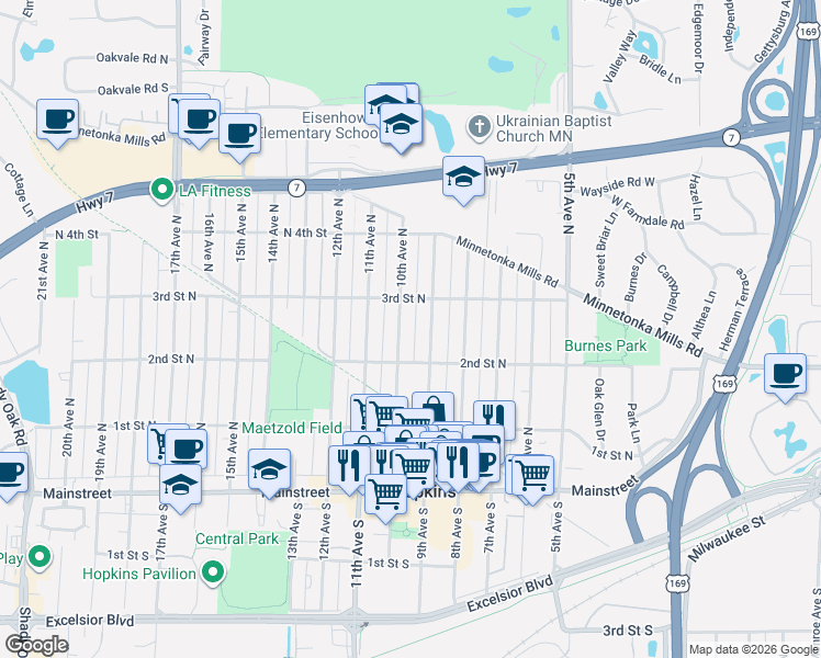 map of restaurants, bars, coffee shops, grocery stores, and more near 244 10th Avenue North in Hopkins