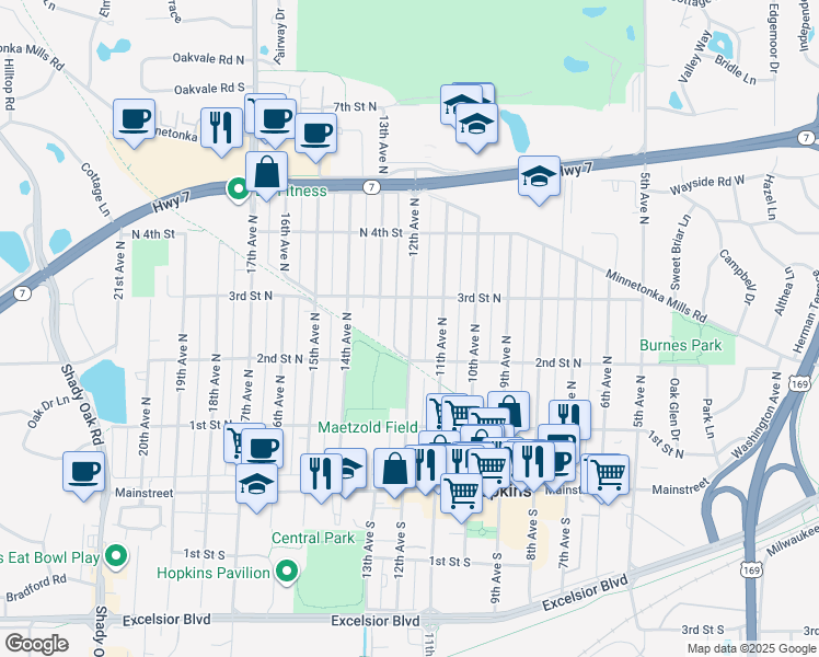 map of restaurants, bars, coffee shops, grocery stores, and more near 244 12th Avenue North in Hopkins