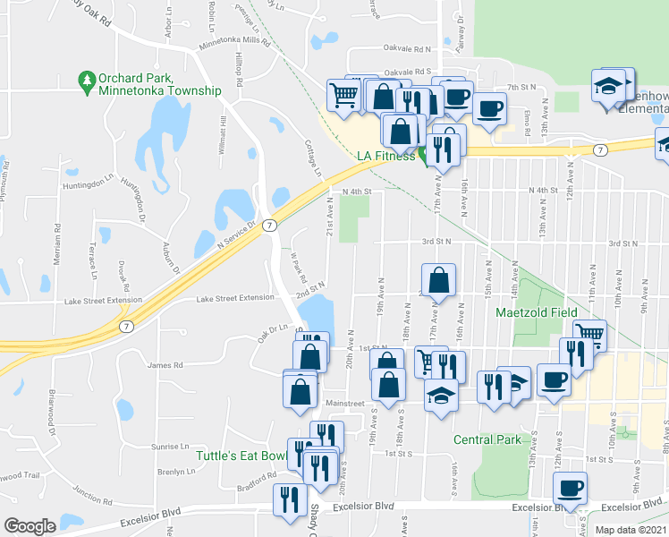 map of restaurants, bars, coffee shops, grocery stores, and more near 251 21st Avenue North in Hopkins