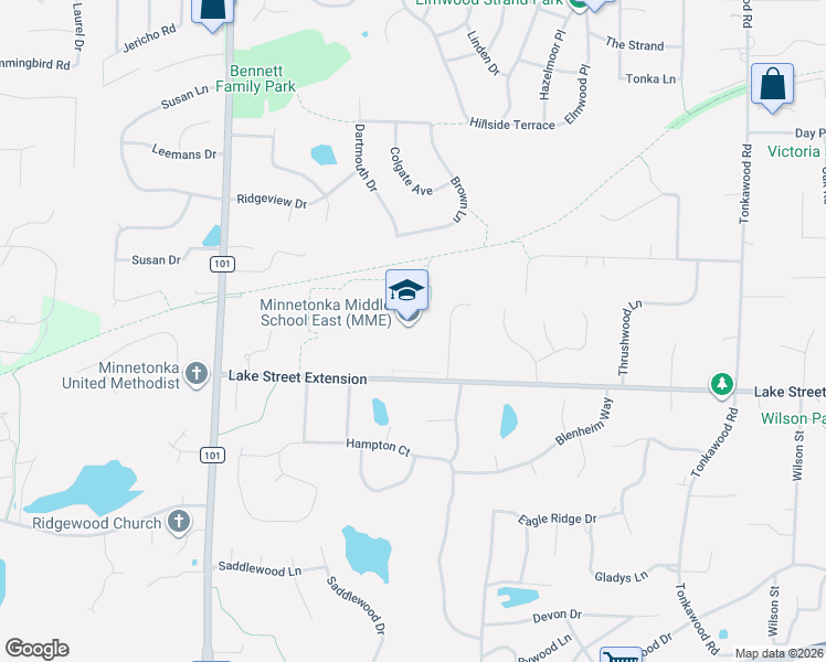 map of restaurants, bars, coffee shops, grocery stores, and more near 17000 Lake Street Extension in Minnetonka