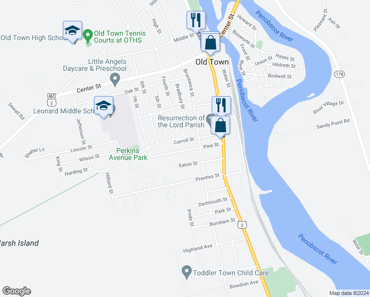 map of restaurants, bars, coffee shops, grocery stores, and more near 60 Pine Street in Old Town