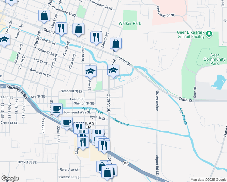 map of restaurants, bars, coffee shops, grocery stores, and more near 2522-2536 Simpson Street Southeast in Salem