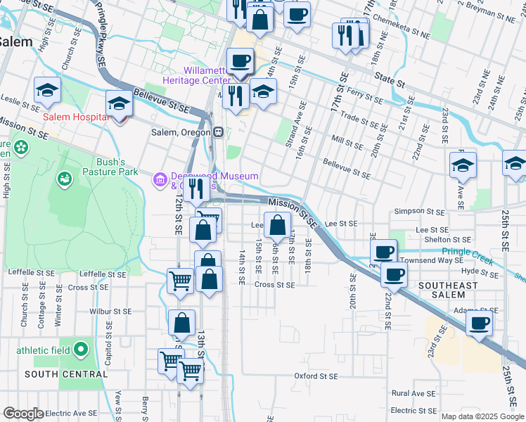 map of restaurants, bars, coffee shops, grocery stores, and more near 1544 Tripp Street Southeast in Salem