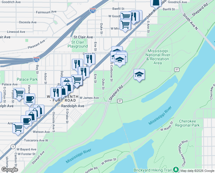 map of restaurants, bars, coffee shops, grocery stores, and more near 399 South Colborne Street in Saint Paul