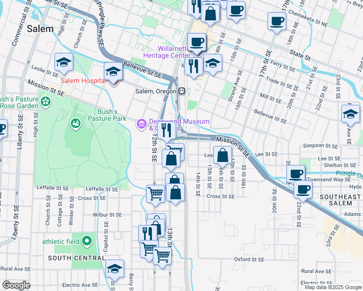 map of restaurants, bars, coffee shops, grocery stores, and more near 1345 Lee Street Southeast in Salem