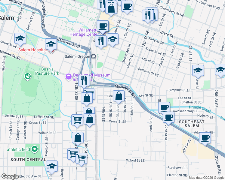 map of restaurants, bars, coffee shops, grocery stores, and more near 1544 Tripp Street Southeast in Salem