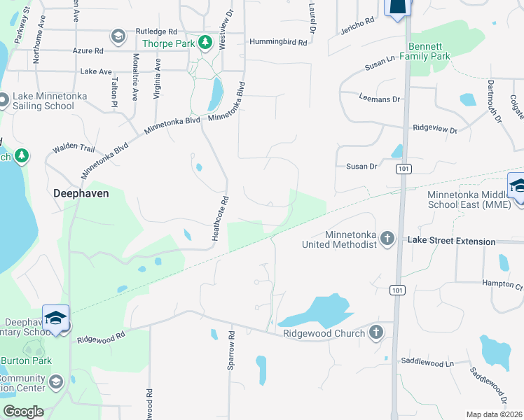 map of restaurants, bars, coffee shops, grocery stores, and more near 4167 Hillcrest Lane in Wayzata