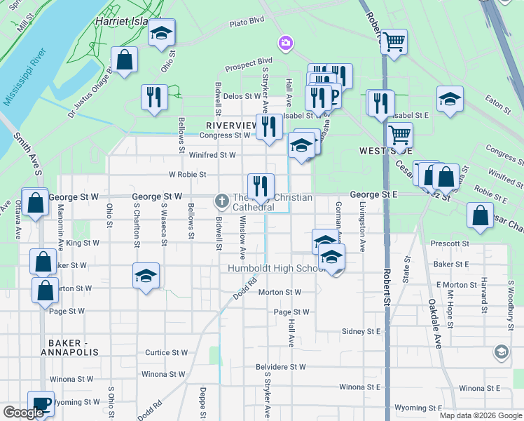 map of restaurants, bars, coffee shops, grocery stores, and more near 567 Stryker Avenue in Saint Paul