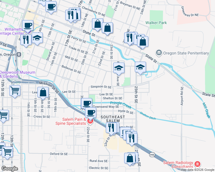 map of restaurants, bars, coffee shops, grocery stores, and more near 510 Ford Street Southeast in Salem