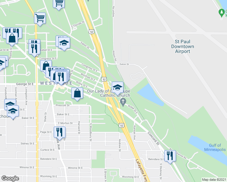map of restaurants, bars, coffee shops, grocery stores, and more near 333 Winifred Street East in Saint Paul