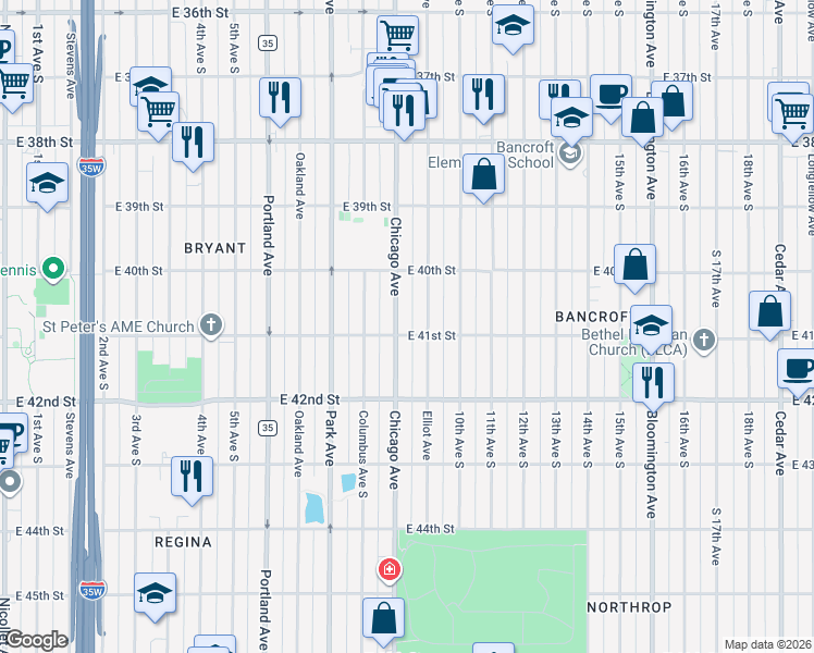 map of restaurants, bars, coffee shops, grocery stores, and more near 4037 Chicago Avenue in Minneapolis