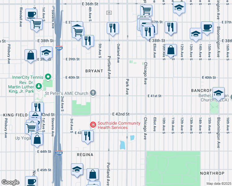 map of restaurants, bars, coffee shops, grocery stores, and more near 4033 Portland Avenue in Minneapolis
